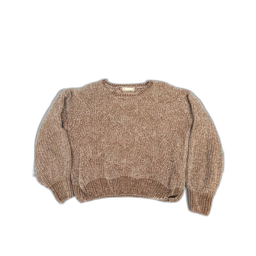 Pink Rose Chenille Sweater Womens Small Tan Beige Diamond Knit Balloon Sleeve S